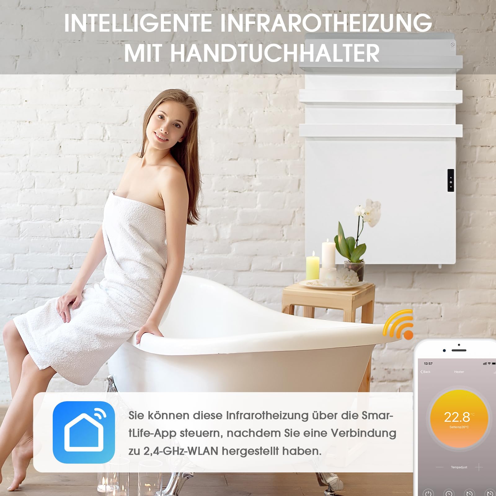 Infrarot Wandheizung mit Handtuchhalter, App Thermostat und Touchscreen Badezimmer Handtuchheizung