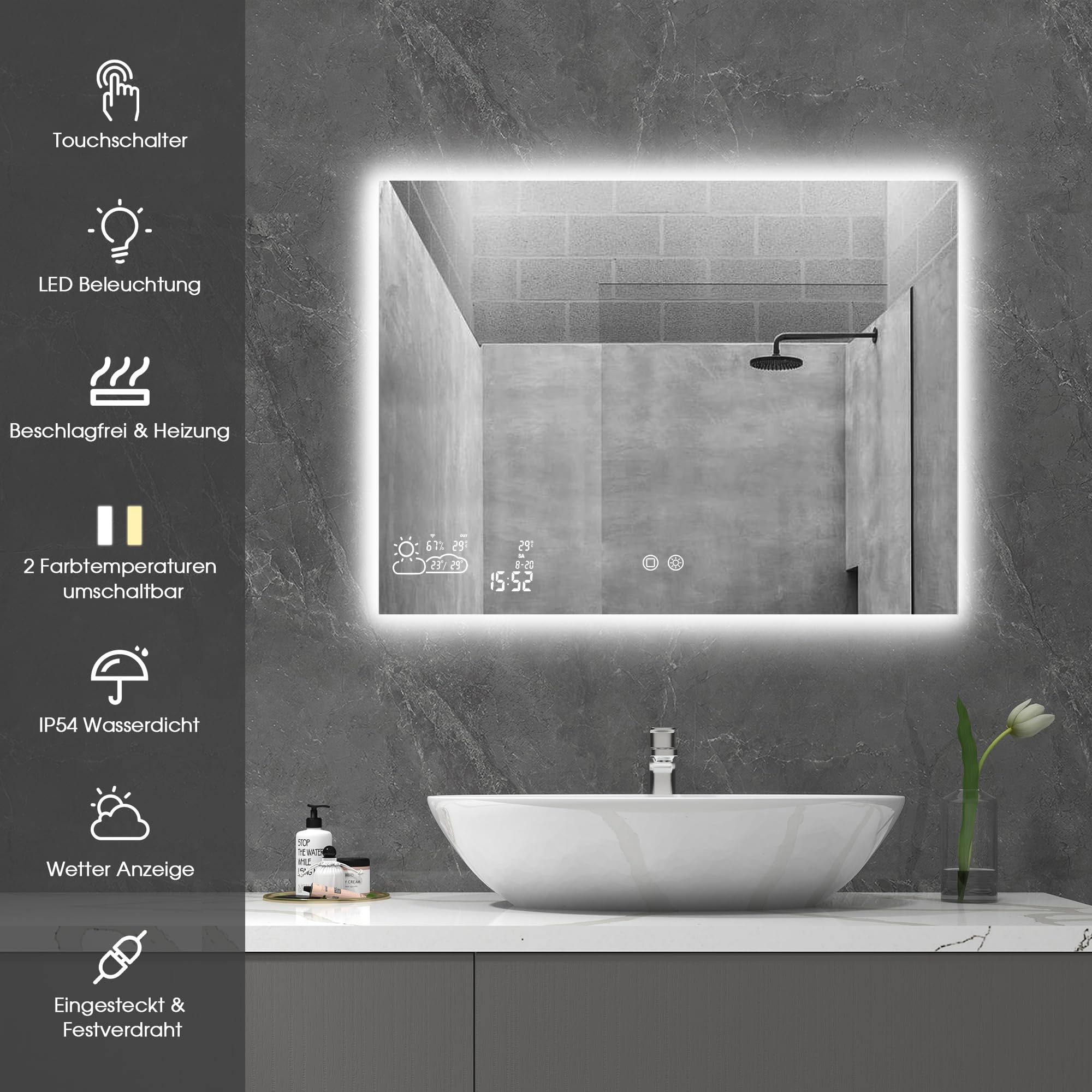 Badezimmer Smart Spiegel zur Wandmontage mit Infrarotheizung und LED-Beleuchtung