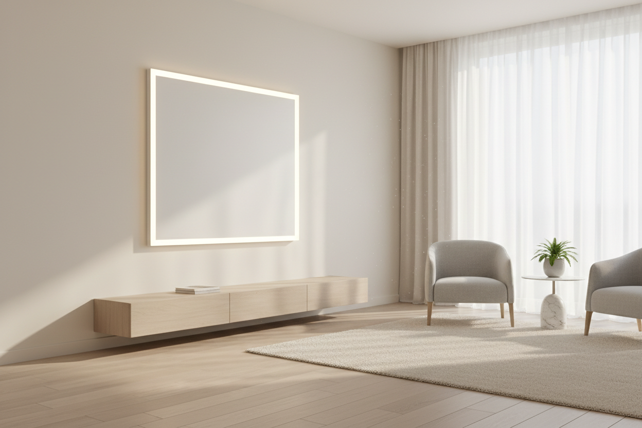 四边发光白色面板放在浅色家居环境中